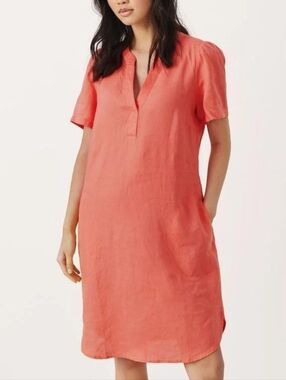 Coral Short-Sleeve V-Neck Midi Pull Over Linen Cotton Dress Women Medium